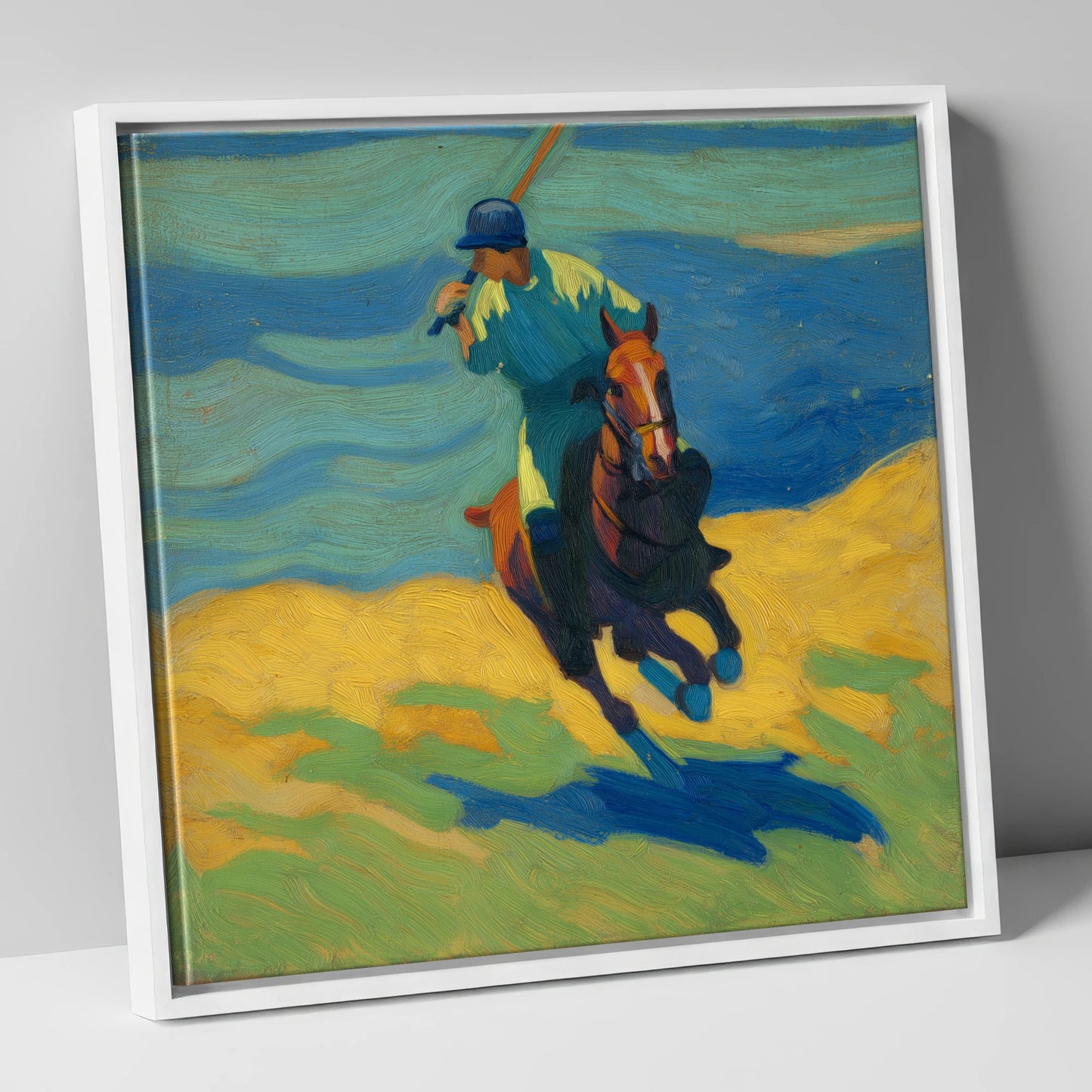 Vivid Polo Strike polo horse canvas wall art in white frame