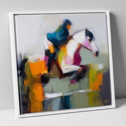 Vivid Flight show jumping horse canvas wall art in white frame