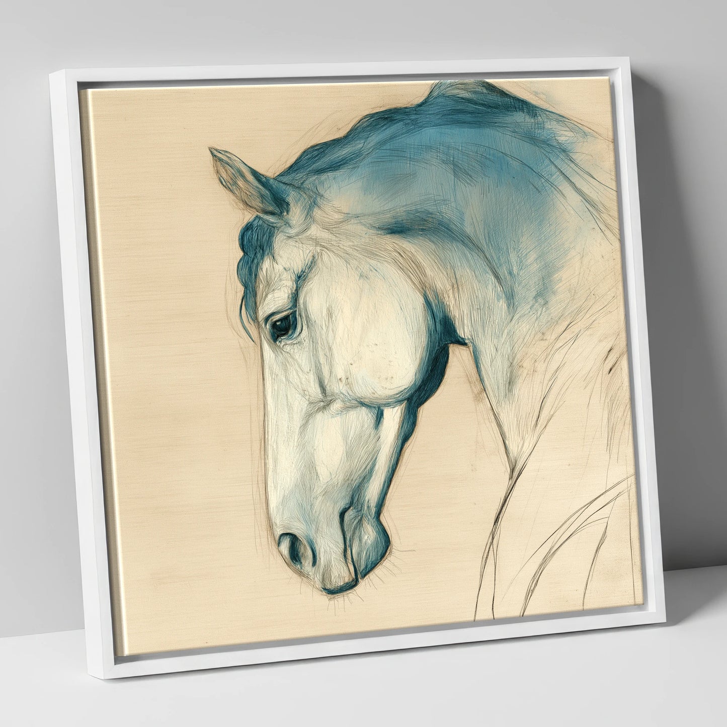 Teal Wash Equine Profile horse portrait canvas wall art in white frame