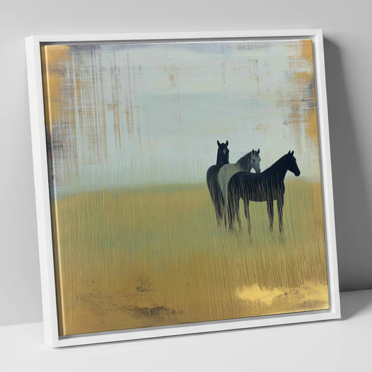 Gilded Meadow Watchers wild horses canvas wall art in white frame
