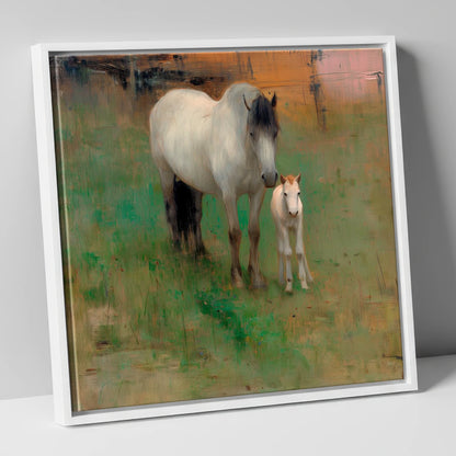 Quiet Pasture Companions mare & foal canvas wall art in white frame