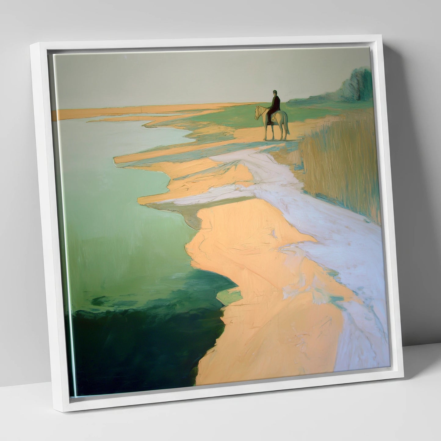 Solitary Shoreline Hack beach horse canvas wall art in white frame