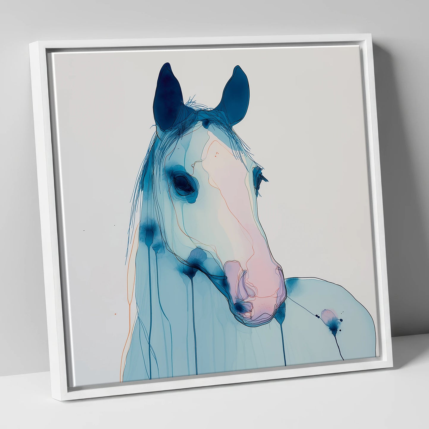 Cerulean Spirit horse portrait canvas wall art in white frame