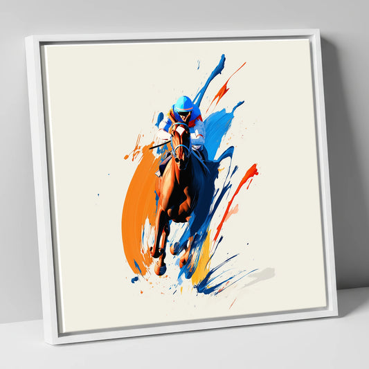 The Front Runner racing horse canvas wall art in white frame