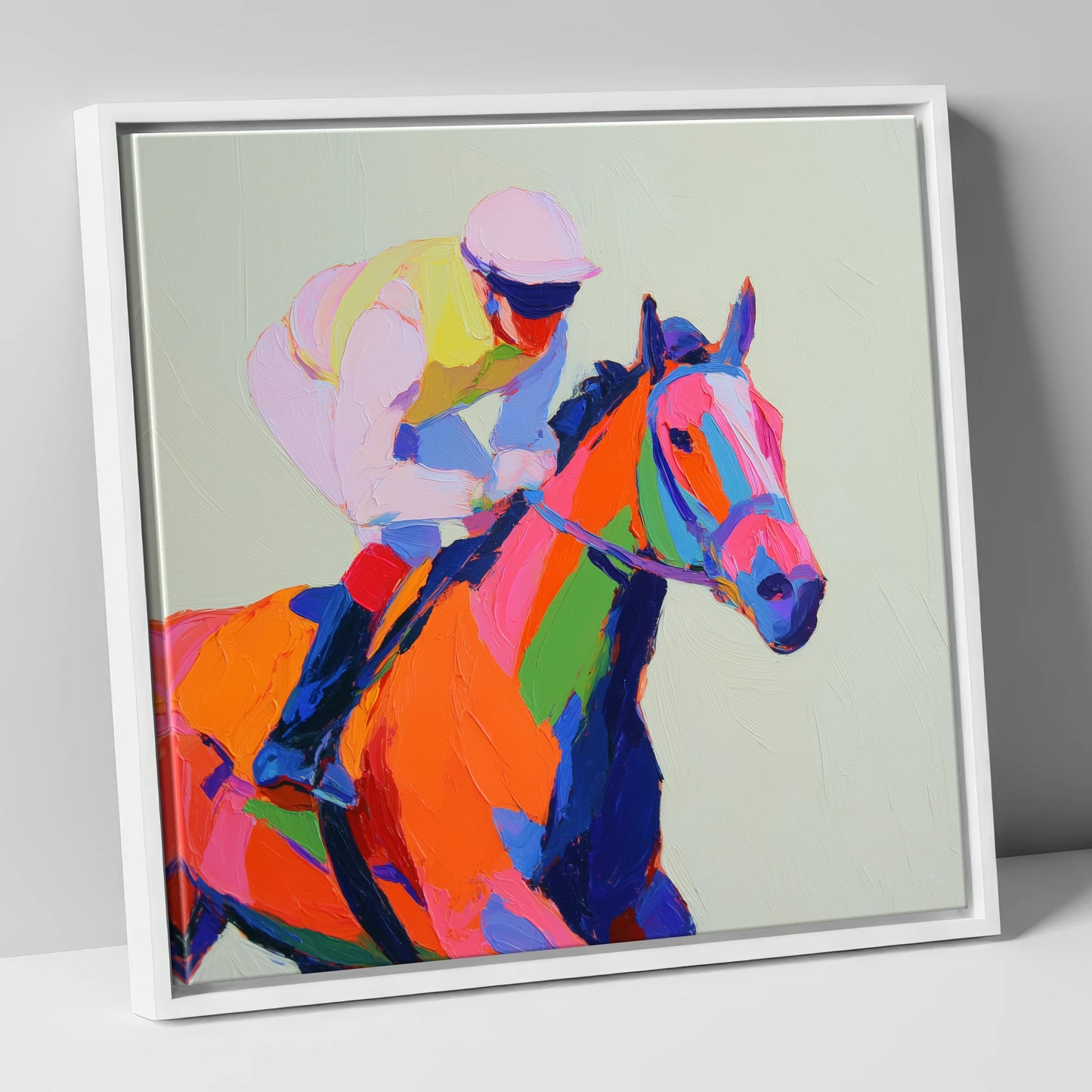 Vibrant Final Furlong racing horse canvas wall art in white frame