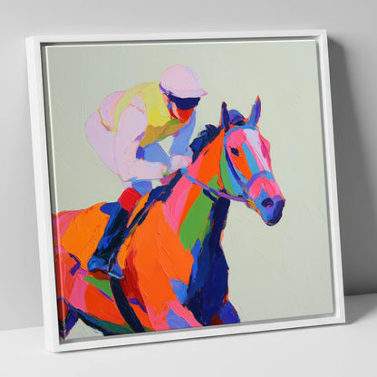 Vibrant Final Furlong racing horse canvas wall art in white frame