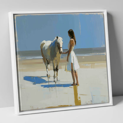 Serenity at Tide's Edge horse & rider canvas wall art in white frame