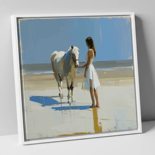 Serenity at Tide's Edge horse & rider canvas wall art in white frame