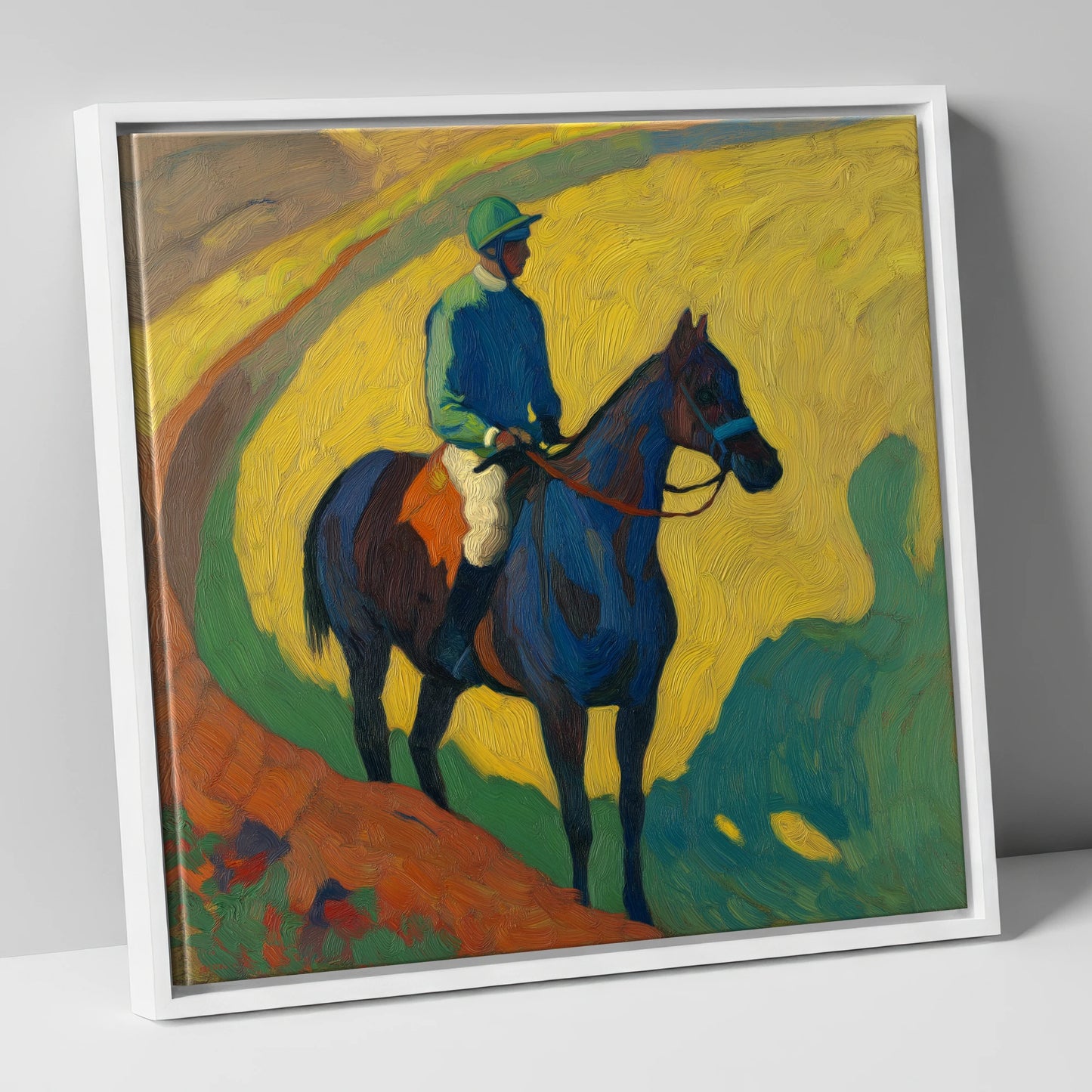 The Blue Thoroughbred racing horse canvas wall art in white frame