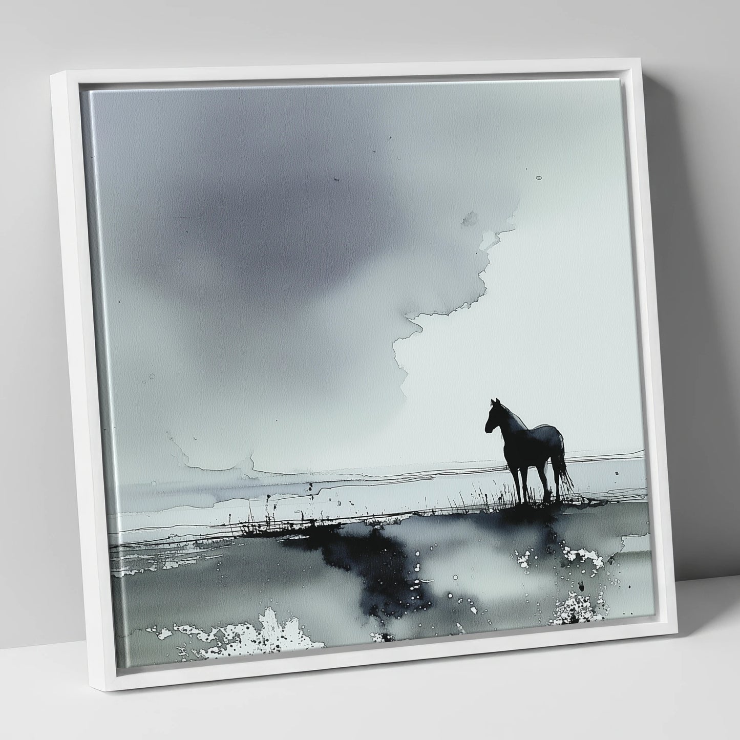 Quiet Grey Horizon horse landscape canvas wall art in white frame