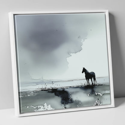 Quiet Grey Horizon horse landscape canvas wall art in white frame