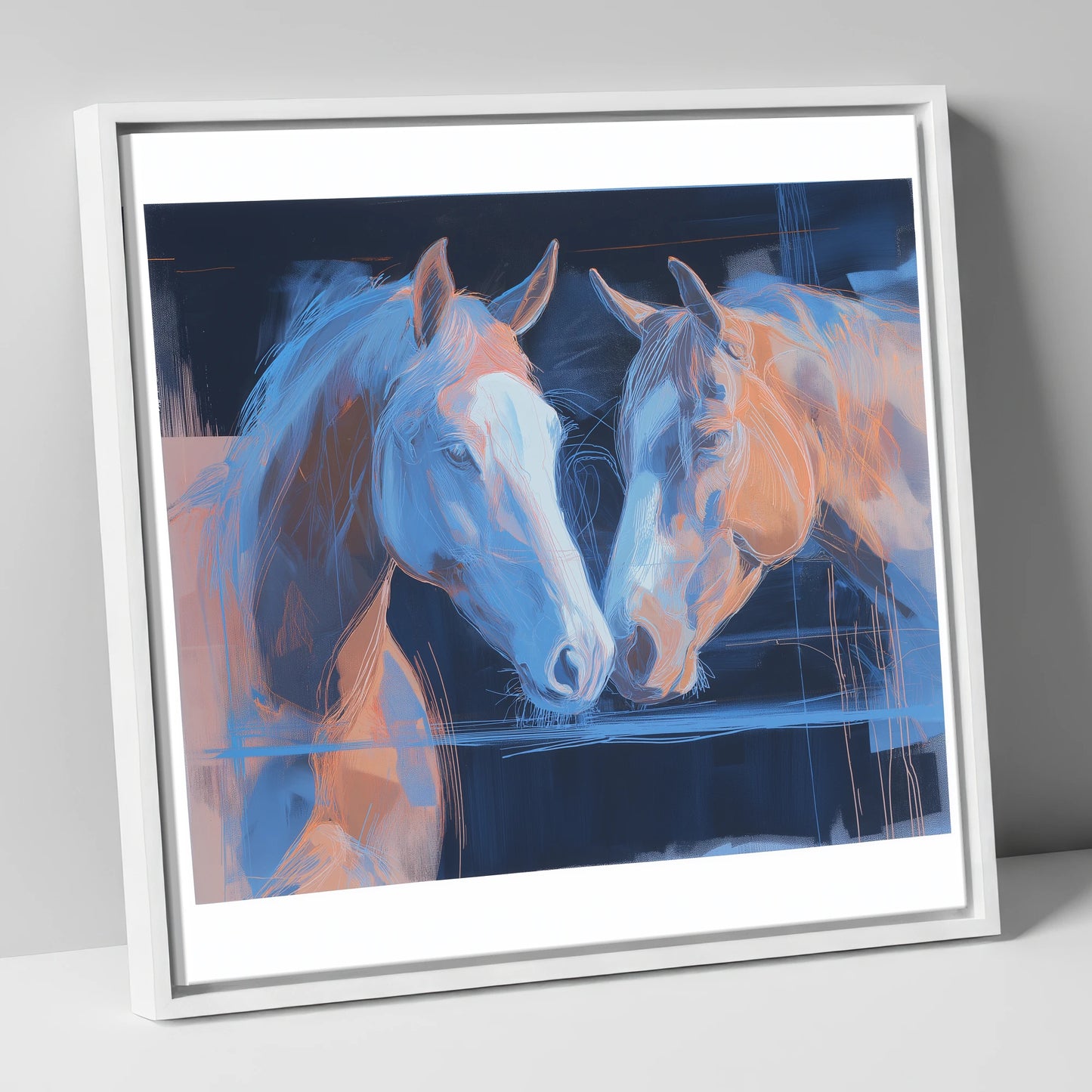 Quiet Communion horse portrait canvas wall art in white frame