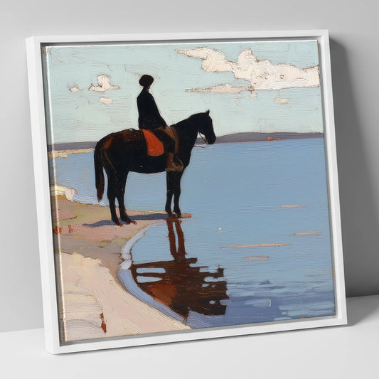 Stillness at the Shore beach horse canvas wall art in white frame