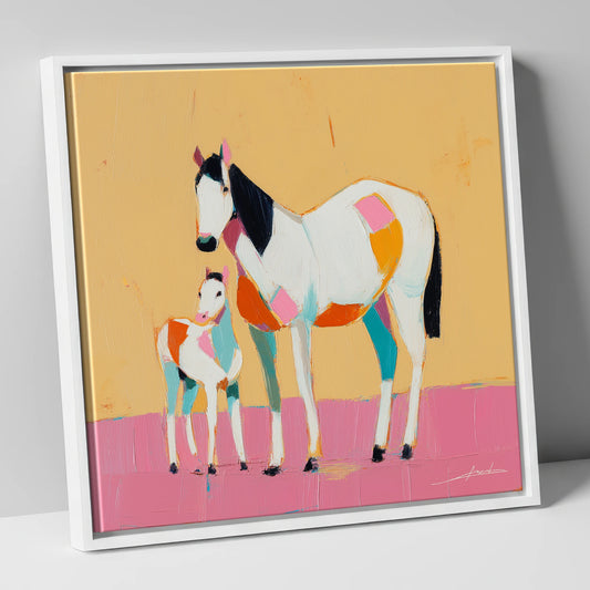 Vibrant Geometric Bond mare & foal canvas wall art in white frame