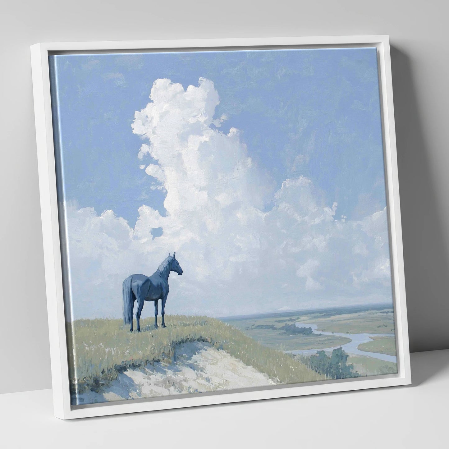 The Quiet Vantage horse landscape canvas wall art in white frame