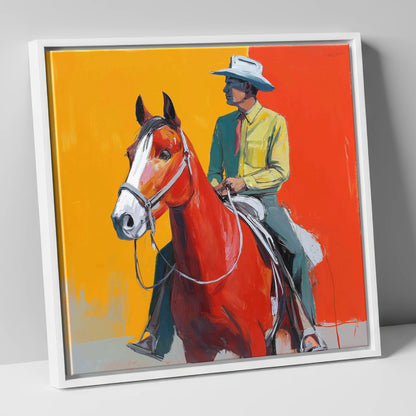 Vivid Horizon Rider western horse canvas wall art in white frame
