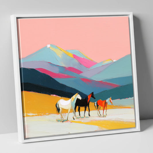 Vibrant Mountain Herd horse landscape canvas wall art in white frame