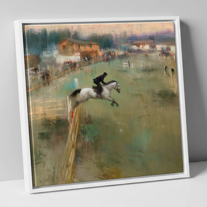Clearing the Timber show jumping horse canvas wall art in white frame