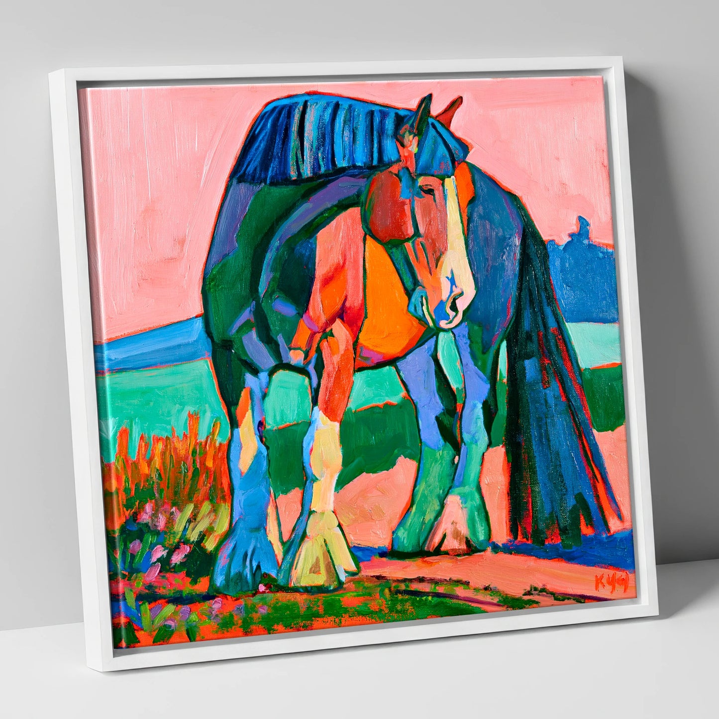 Colourful Shire Horse Portrait horse breed canvas wall art in white frame