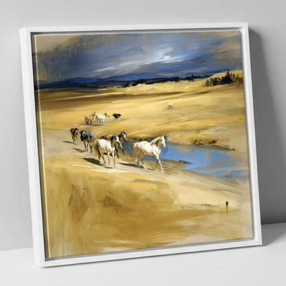 Golden Veldt Crossing horse landscape canvas wall art in white frame