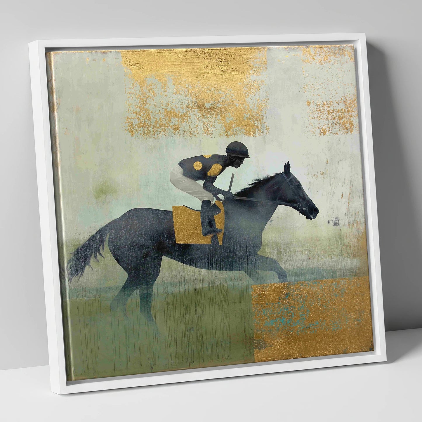 The Gilded Gallop racing horse canvas wall art in white frame