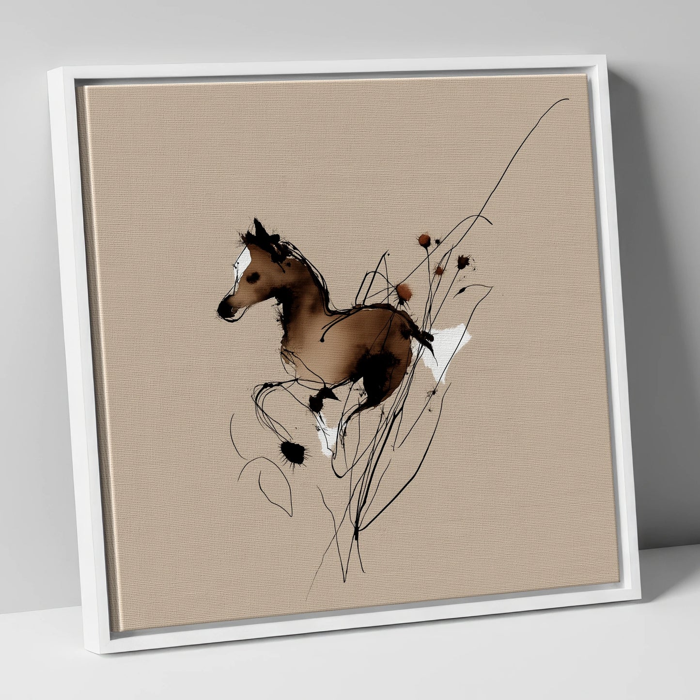 Joyful Bound horse portrait canvas wall art in white frame