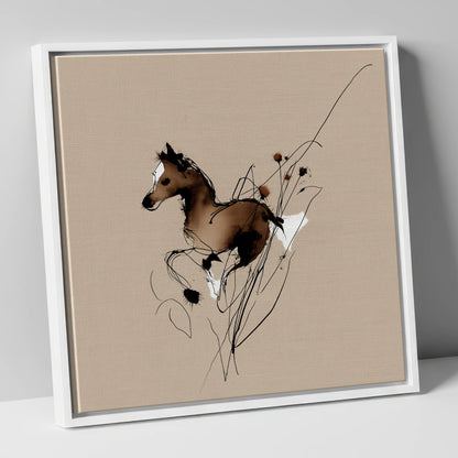 Joyful Bound horse portrait canvas wall art in white frame
