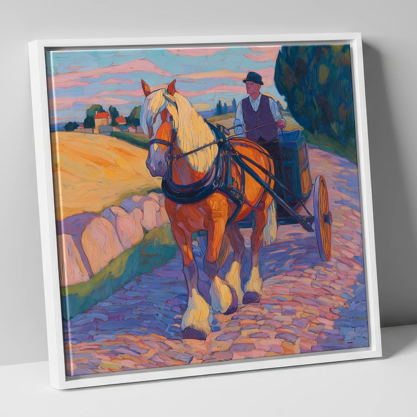 Evening Draught on Cobbles working horse canvas wall art in white frame