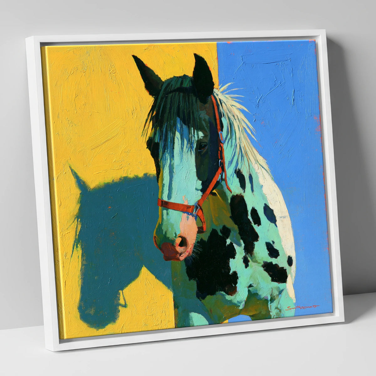Spotted Horse with Teal Shadow horse breed canvas wall art in white frame