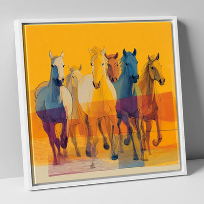 The Vibrant Herd horse landscape canvas wall art in white frame