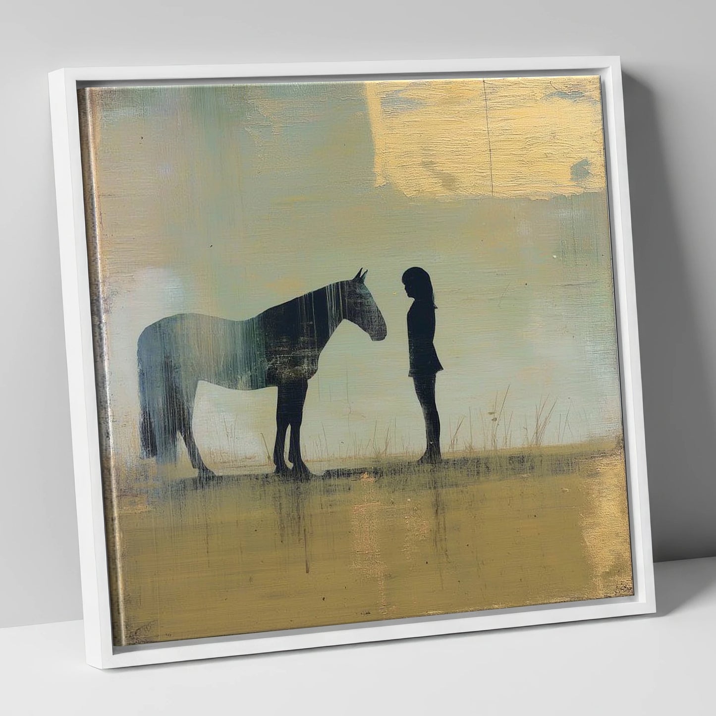 Silent Communion horse & rider canvas wall art in white frame