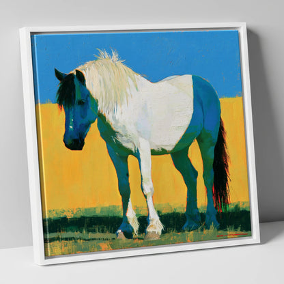 Bold Blue and White Cob horse breed canvas wall art in white frame