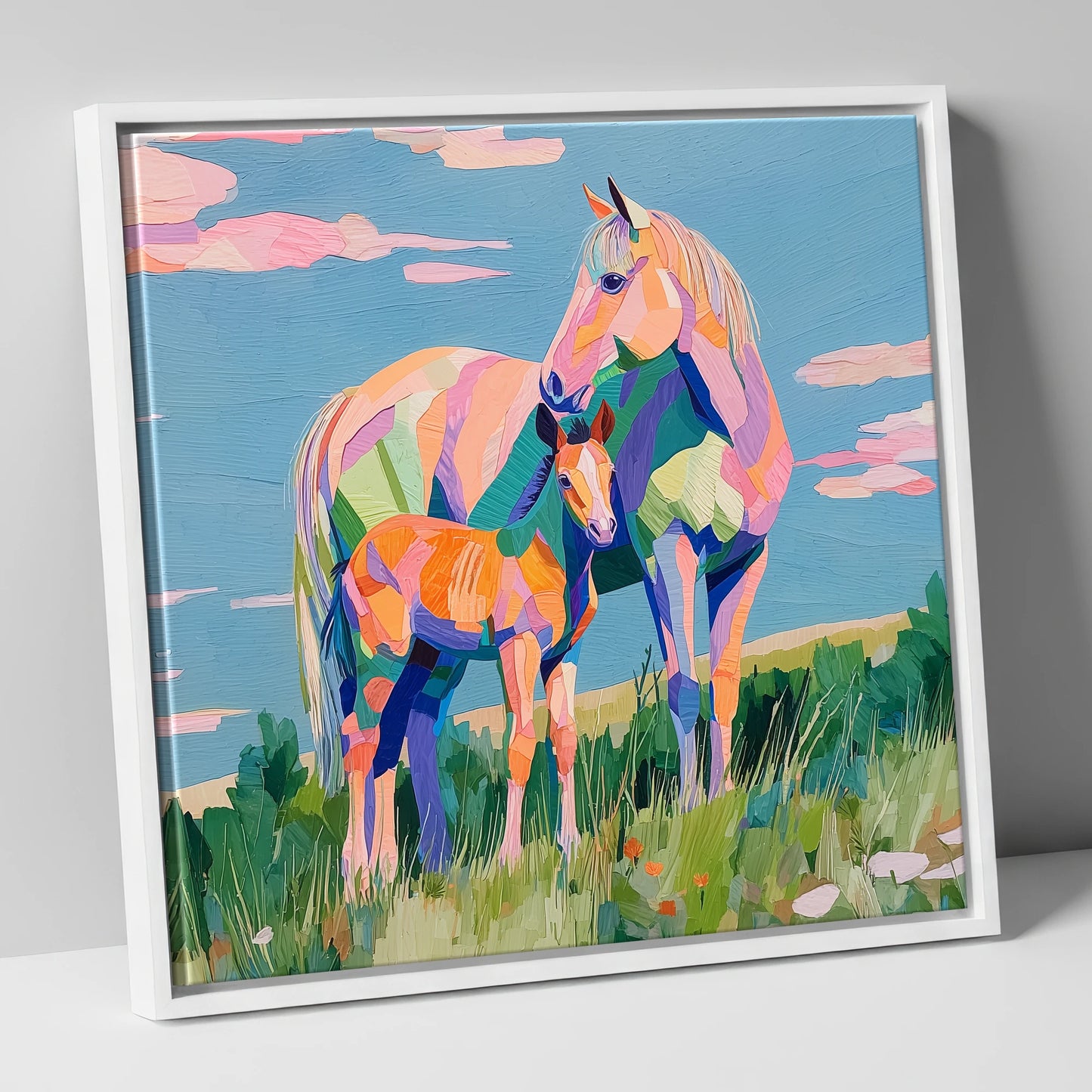 Vibrant Maternal Bond mare & foal canvas wall art in white frame