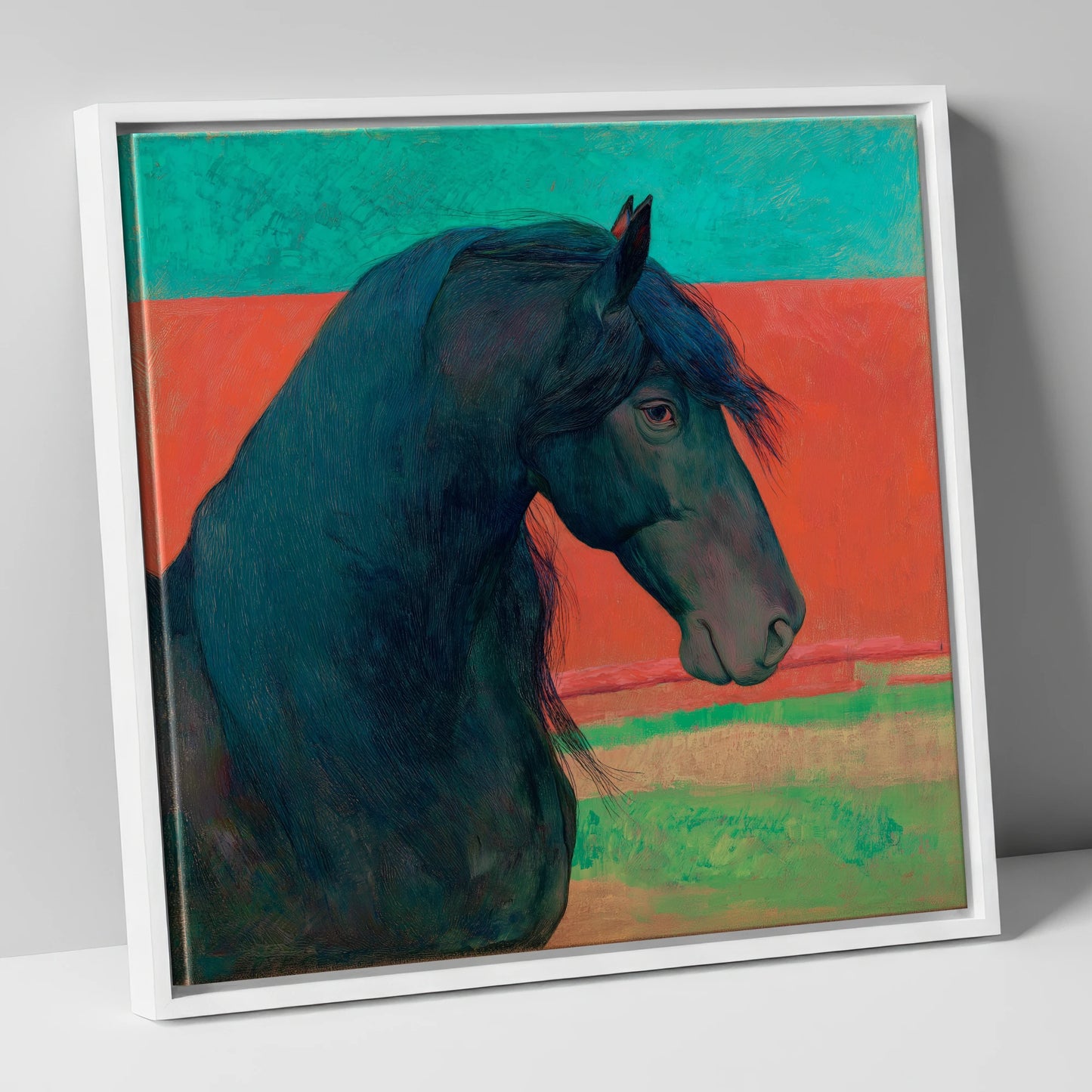 Crimson Horizon Friesian horse breed canvas wall art in white frame