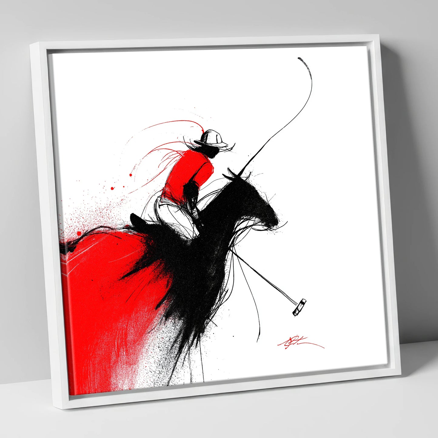 Crimson Polo Strike polo horse canvas wall art in white frame