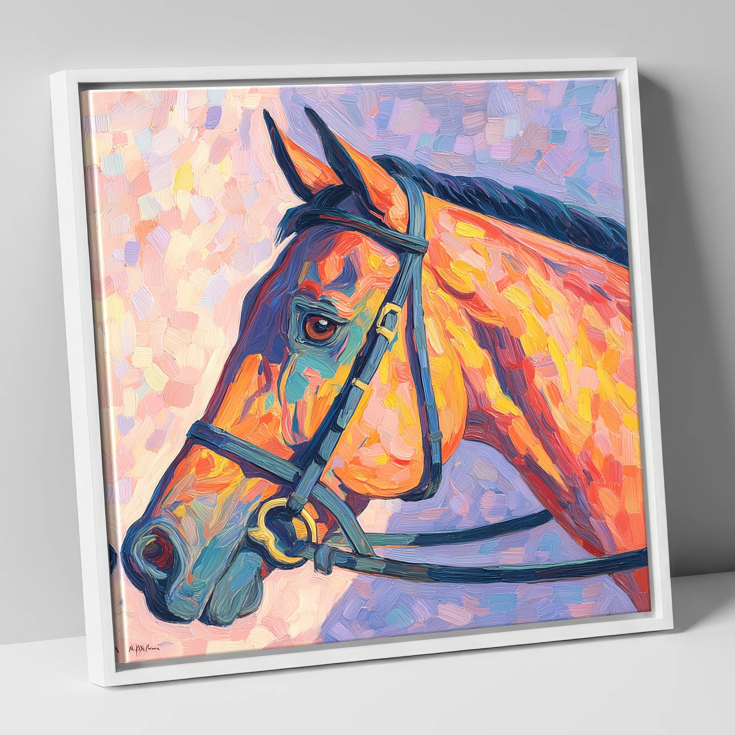Vivid Equine Gaze racing horse canvas wall art in white frame