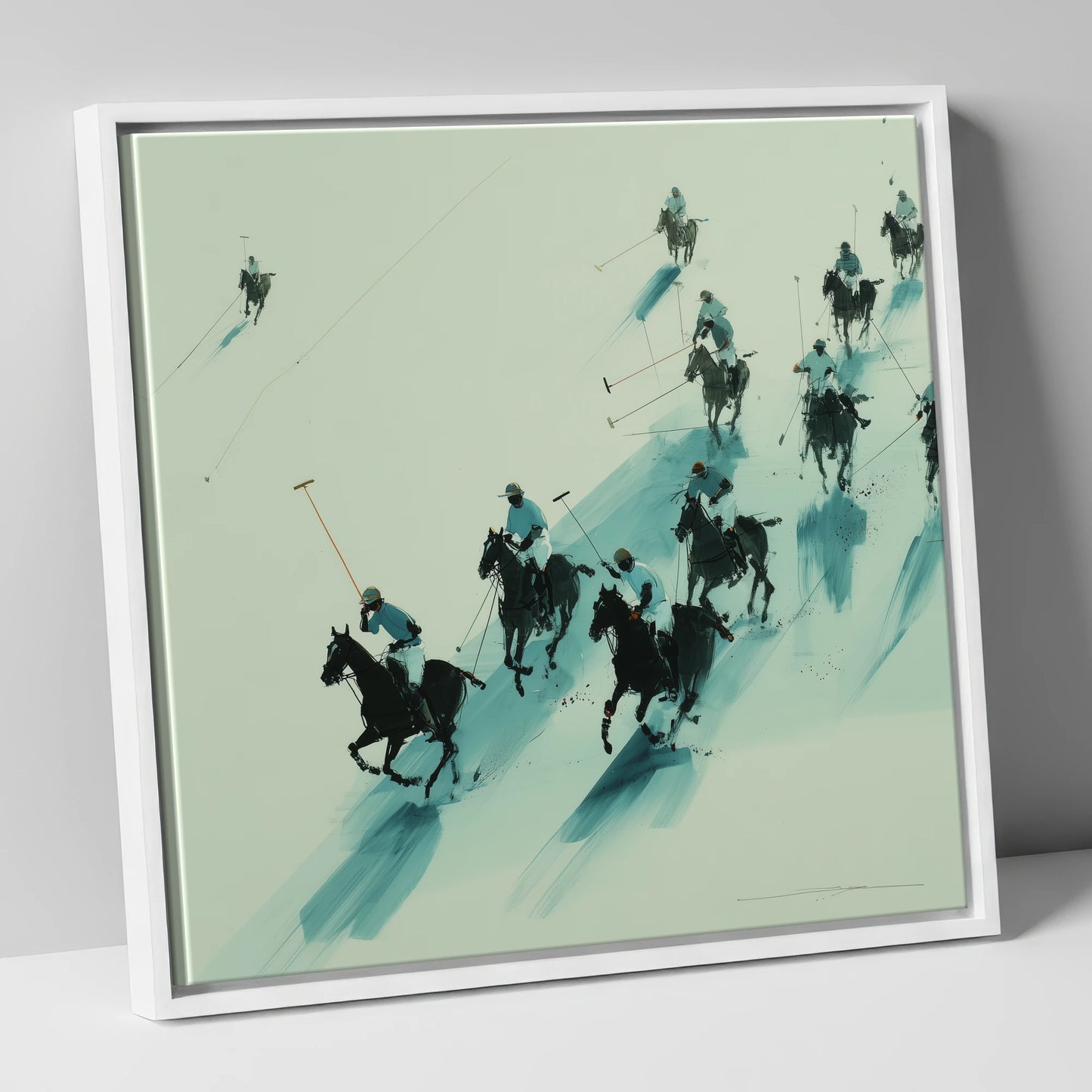 The Downfield Charge polo horse canvas wall art in white frame