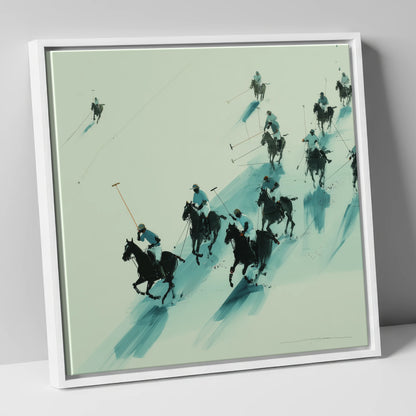 The Downfield Charge polo horse canvas wall art in white frame