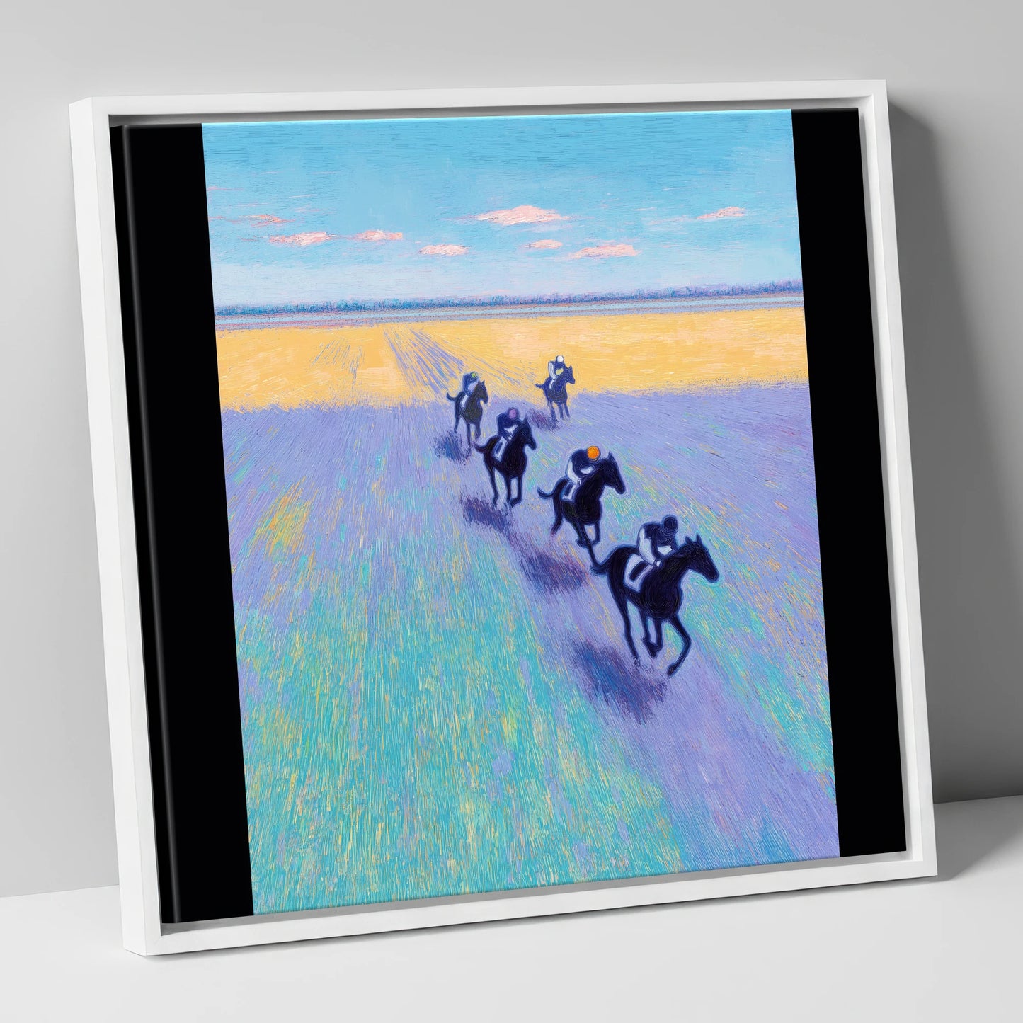 The Morning String racing horse canvas wall art in white frame