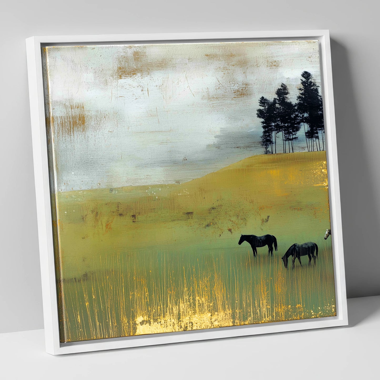 Gilded Grazing wild horses canvas wall art in white frame