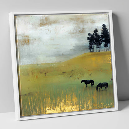 Gilded Grazing wild horses canvas wall art in white frame