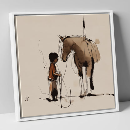 The Silent Bond horse & rider canvas wall art in white frame