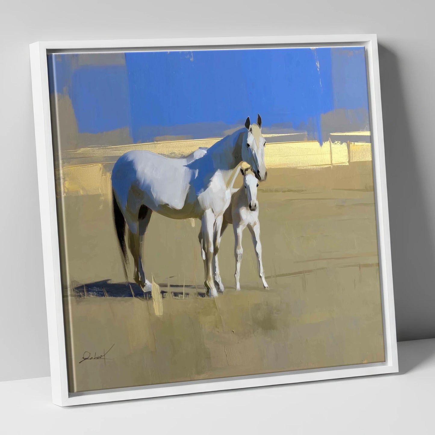 Midsummer Greys mare & foal canvas wall art in white frame