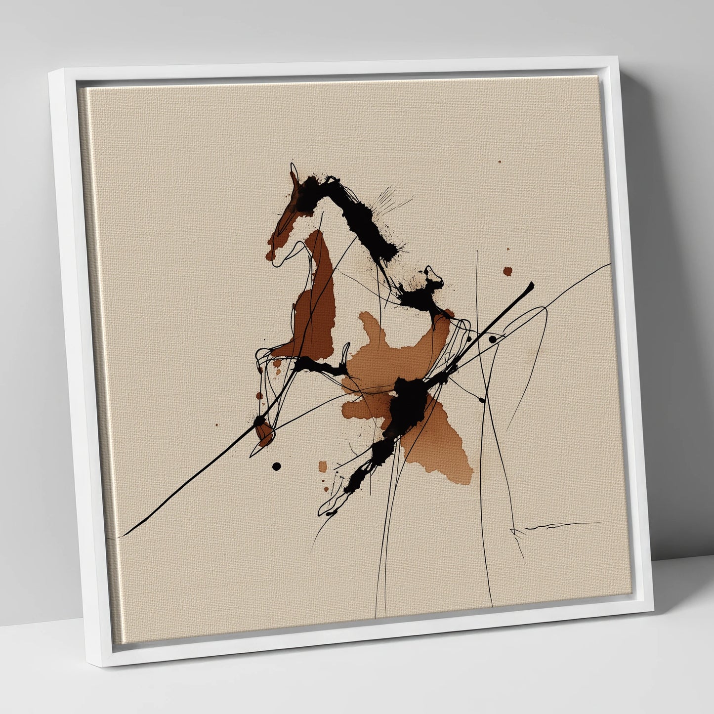 Abstract Rearing Stallion horse portrait canvas wall art in white frame