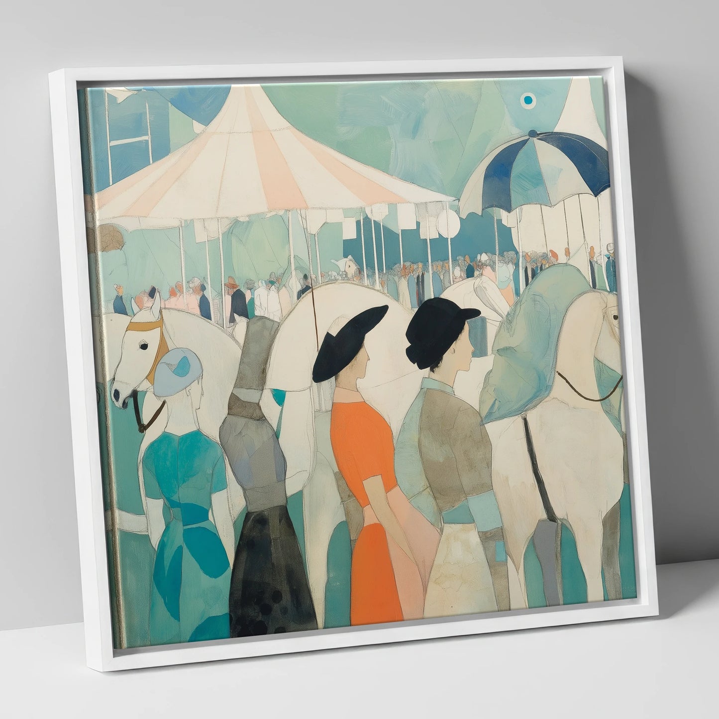Trackside Elegance racing horse canvas wall art in white frame