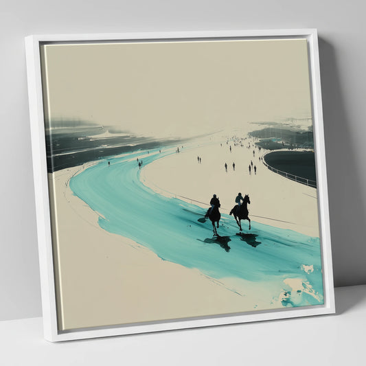 Sweeping the Bend racing horse canvas wall art in white frame