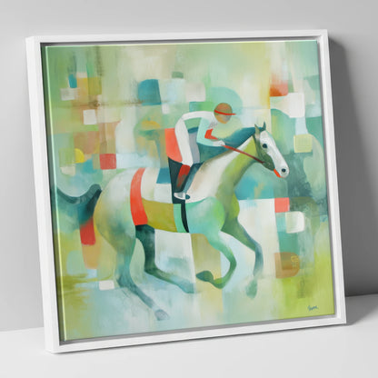 Geometric Gallop racing horse canvas wall art in white frame