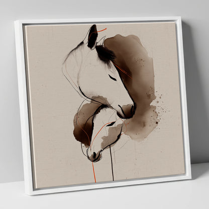 Tender Sepia Bond mare & foal canvas wall art in white frame