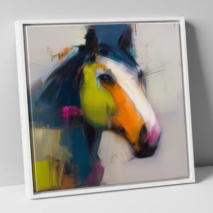 Vibrant Contemporary Profile horse portrait canvas wall art in white frame