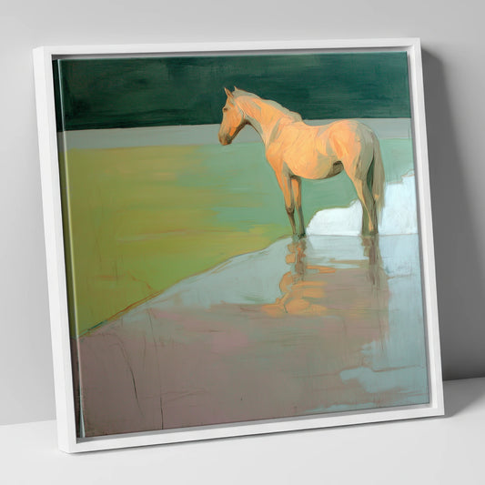 Serene Beach Reflection beach horse canvas wall art in white frame
